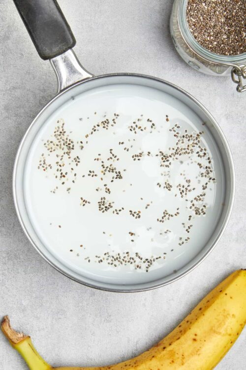 Flaxseed soaking in milk for healthy baking or smoothies.