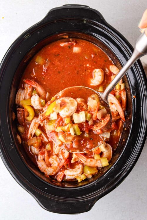 Savory shrimp and vegetable soup in slow cooker, Baked Bree.