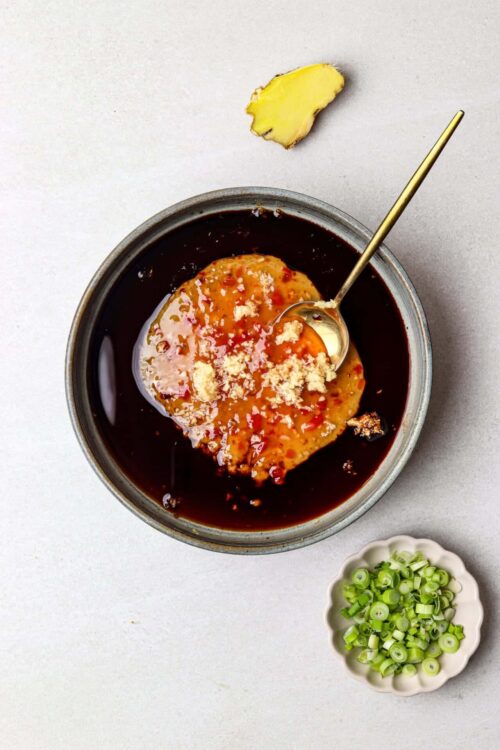 Sweet soy sauce and peeling ginger with chopped green onions for Asian-inspired recipes.