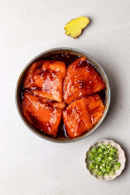Sweet marinated salmon with soy sauce and ginger.