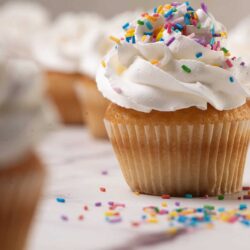 Colorful sprinkled vanilla cupcake with swirled frosting.