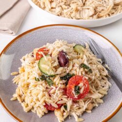 Shredded cooked chicken salad with orzo pasta, cherry tomatoes, cucumber, and herbs on a textured plate.
