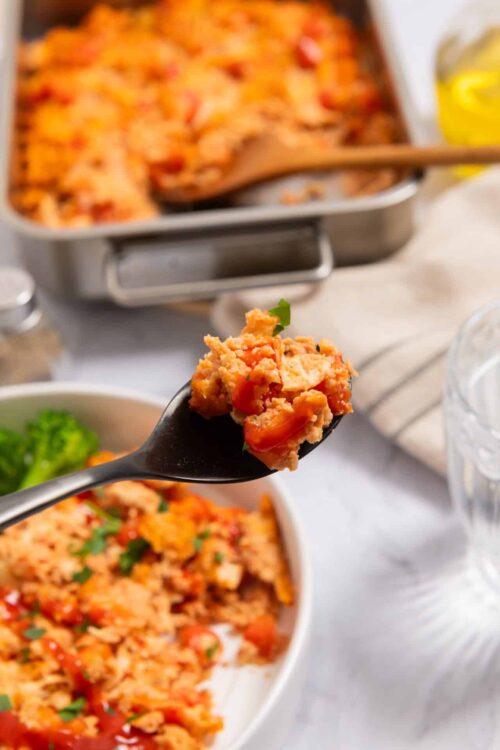 Creamy chicken casserole with tomato and cheese baked dish on a white plate.
