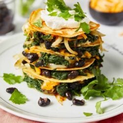 Savory black bean and spinach vegetarian quesadilla stacked with cheese and vegetables.