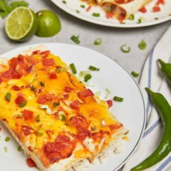 Cheesy chicken enchilada casserole with melted cheese and fresh toppings on a white plate.
