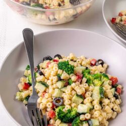 Colorful pasta salad with fresh vegetables and broccoli in a white bowl.