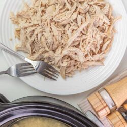 Shredded cooked chicken in a white bowl, ready for recipes and meal prep.