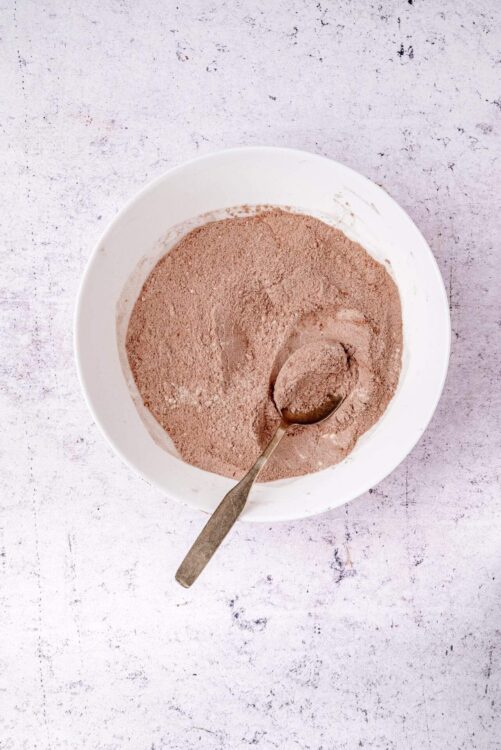Powdered cocoa and flour mixture in a white bowl with a spoon for baking and dessert recipes.