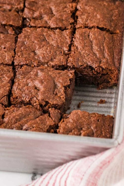 Chewy chocolate brownies sliced into squares for dessert.