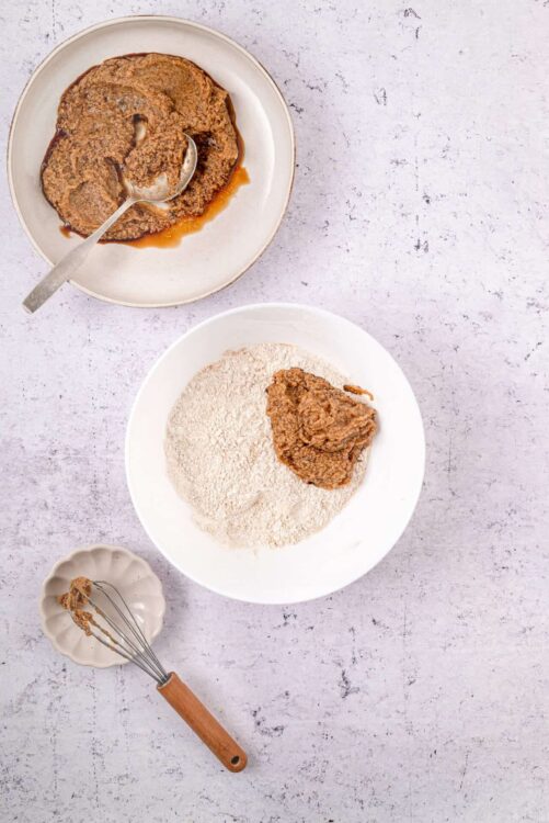 Filling for homemade crumble pie with flour and butter mixture, ready to bake.