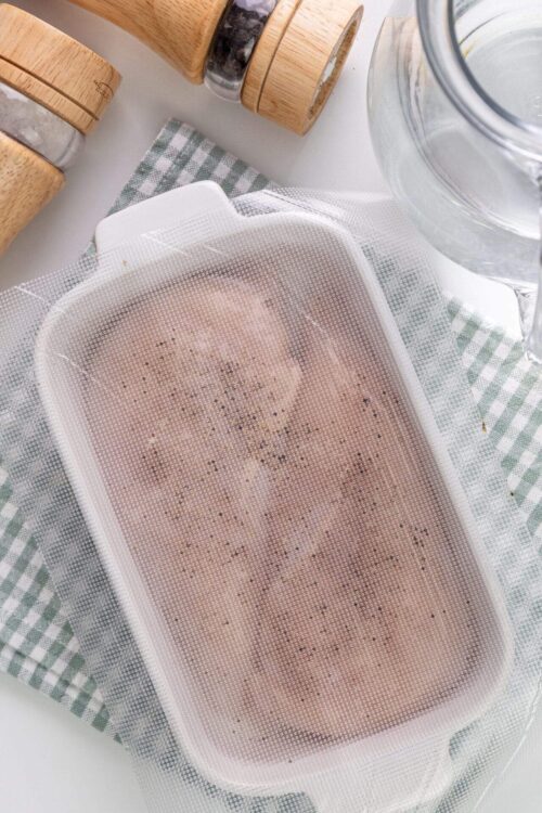 Freshly frozen homemade ice cubes in a white ice cube tray; kitchen scene with salt and pepper shakers.