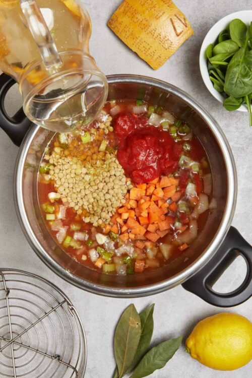 Cream of vegetable soup with fresh ingredients and herbs, preparing for cooking.