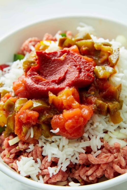 Savory beef and vegetable stew served over rice with tomato sauce and herbs.