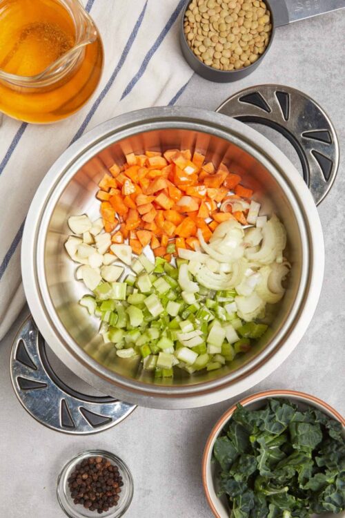 Chopped vegetables in an Instant Pot for healthy soup recipe.