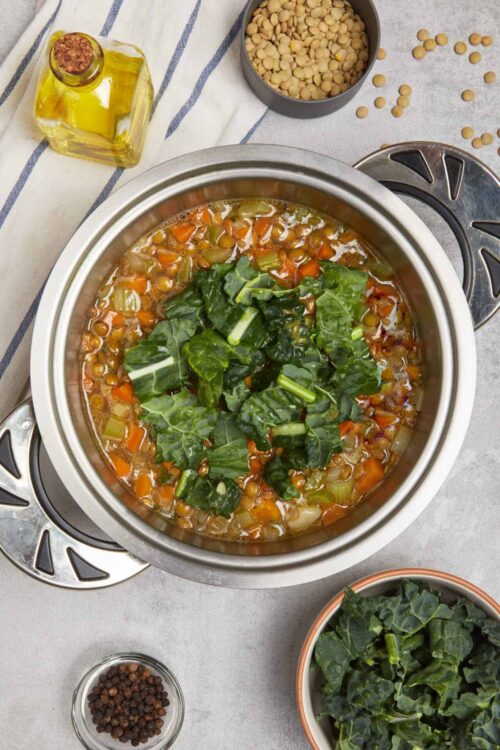Hearty vegetable soup with greens in a slow cooker, with ingredients like lentils, carrots, celery, and spinach.