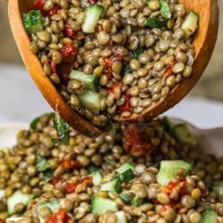 Hearty Lentil Salad with Cucumber and Sun-Dried Tomato.
