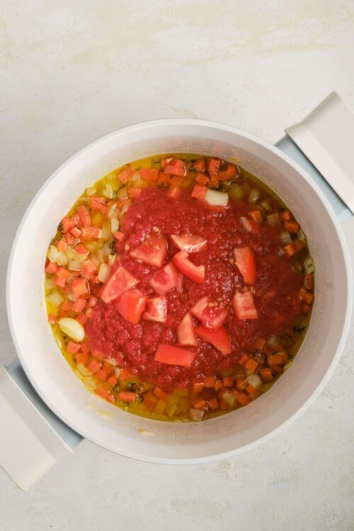 Fresh homemade vegetable soup with tomatoes, carrots, onions, and herbs in a slow cooker.