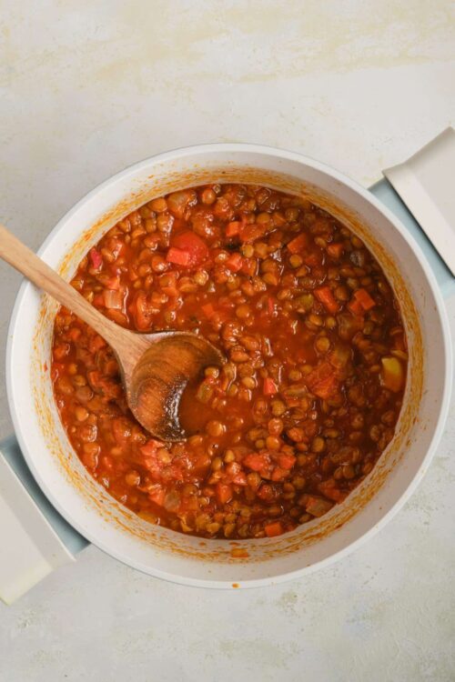 Hearty vegan lentil vegetable soup in a white slow cooker with wooden spoon.
