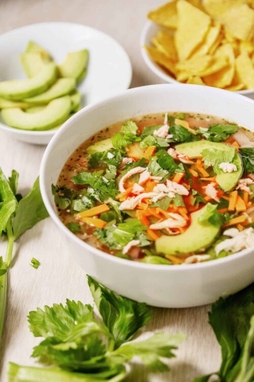 Savory chicken vegetable soup with fresh herbs and avocado in a white bowl.