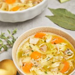 Comforting chicken noodle soup with tender chicken, carrots, celery, and herbs in a flavorful broth.