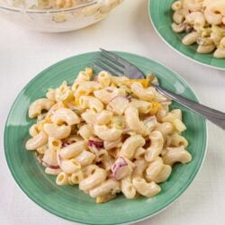 Creamy pasta salad with cheese, radishes, and celery on green plate.