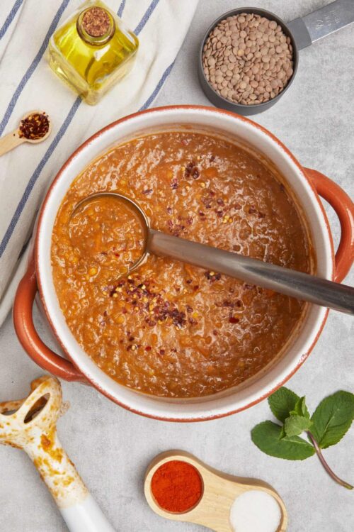 Rich lentil soup in a ceramic bowl with a ladle, surrounded by spices, lentils, and fresh herbs.