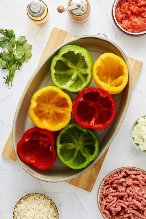 Fresh colorful bell peppers prepared for stuffing or cooking.
