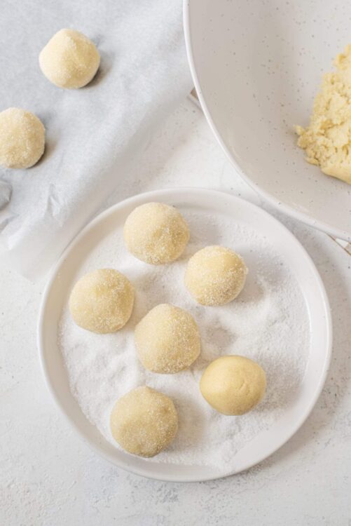 Freshly rolled cookie dough balls on a white plate coated with sugar and flour. Baking ingredients ready for oven.