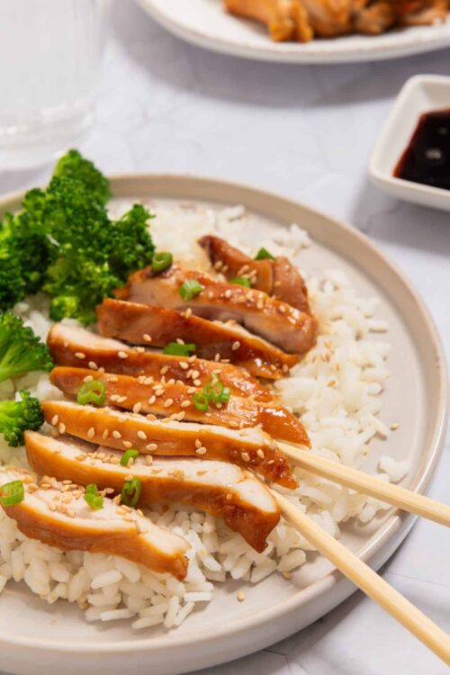 Sliced grilled chicken with sesame seeds on white rice with broccoli on a ceramic plate.