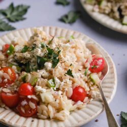 Creamy orzo pasta salad with cherry tomatoes, cucumbers, feta cheese, and fresh herbs.
