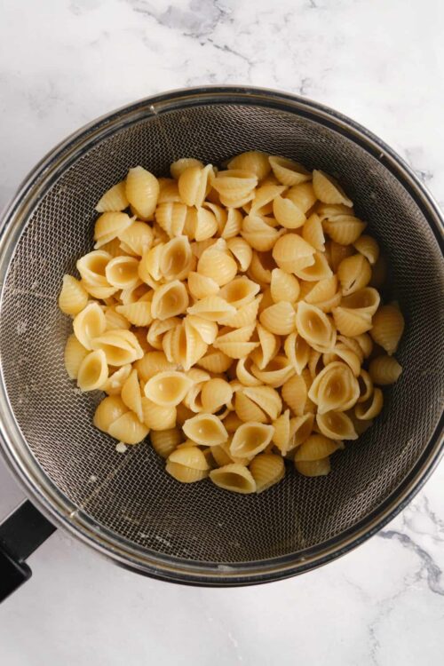 Cooked shell pasta drained in a metal sieve for easy preparation.