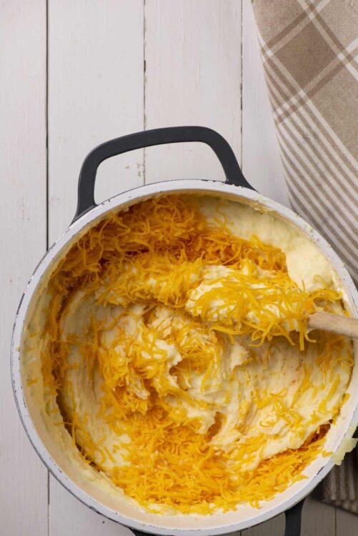 Cream cheese and shredded cheddar cheese layered in a baking dish for a cheesy casserole.