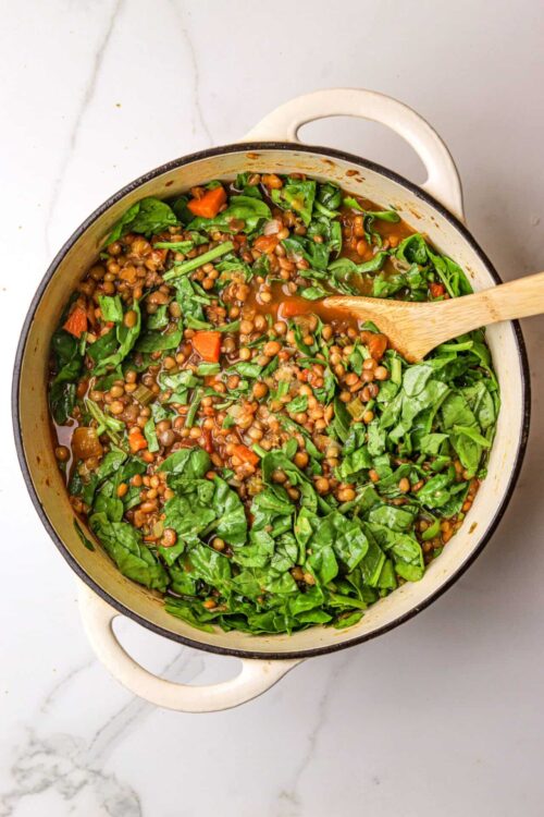 Creamy lentil and vegetable soup in a white enamel pot with a wooden spoon.