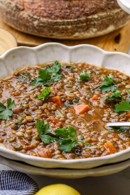 Hearty lentil vegetable soup in a white serving bowl with fresh parsley garnish, perfect for cozy meals and healthy eating.