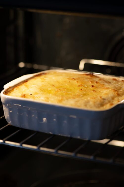 Golden cheesy baked casserole fresh from the oven.
