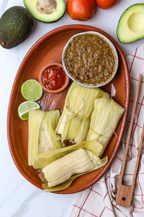 Fresh Mexican tamales with salsa, lime, avocado, and red tomatoes on a terracotta plate.