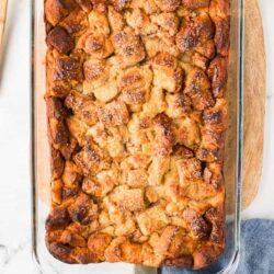 Buttered bread pudding topped with caramelized sugar and fresh coarse salt.