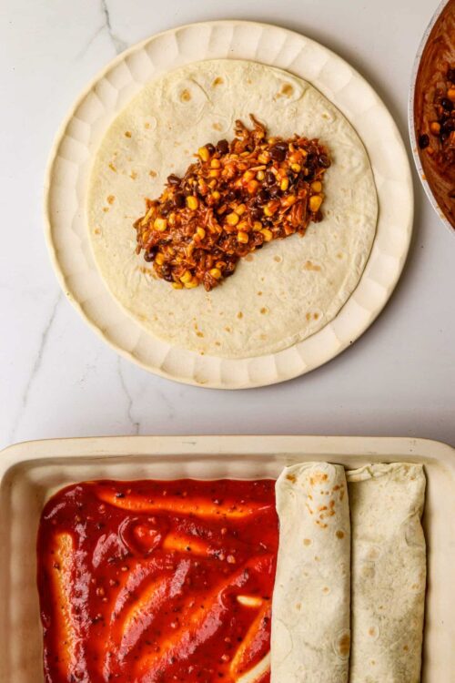 Savory veggie filling on flour tortilla for homemade burritos.