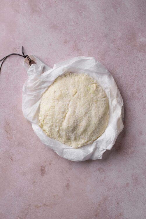 Breastfeeding cheese on cheesecloth, ready for aging or making homemade cheese.