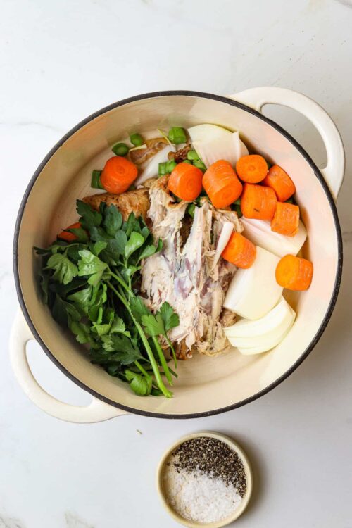 Savory chicken noodle soup ingredients in a pot with carrots, celery, onions, and fresh herbs.