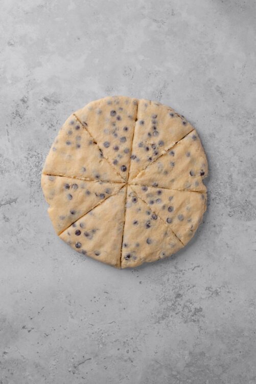 Creamy blueberry scone dough ready for baking on a light grey surface.