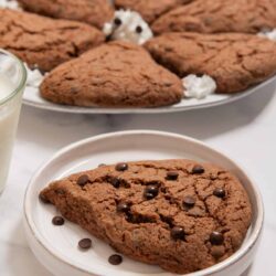 Chocolate chip cookies on a white plate with a cookie in foreground.