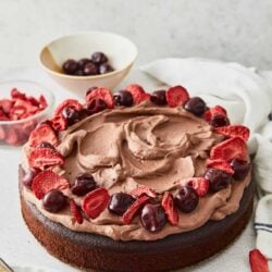 Rich Chocolate Cake topped with fresh cherries and strawberries for a decadent dessert.
