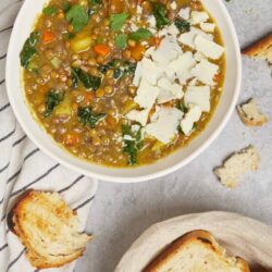Creamy lentil vegetable soup with carrots, spinach, and cheese garnished with fresh herbs.