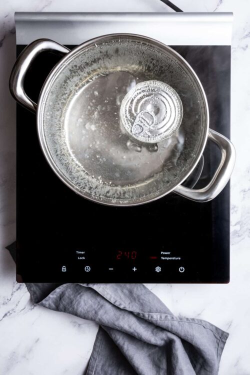 Boiling water in a stainless steel pot on induction cooktop.