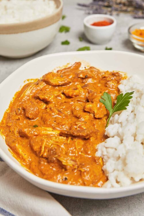 Savory chicken curry with rice served on a white plate.