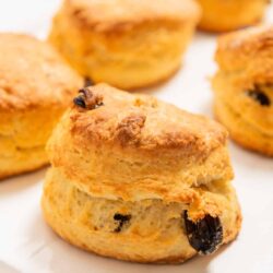 Buttermilk biscuits with raisins and a golden-brown crust.