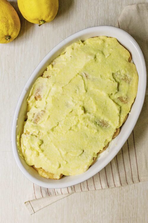 Creamy lemon casserole with a baked golden top, perfect for dessert or brunch.