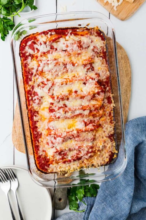 Baked Bree's cheesy baked pasta casserole with tomato sauce and melty cheese. Perfect comfort food recipe for family dinners.