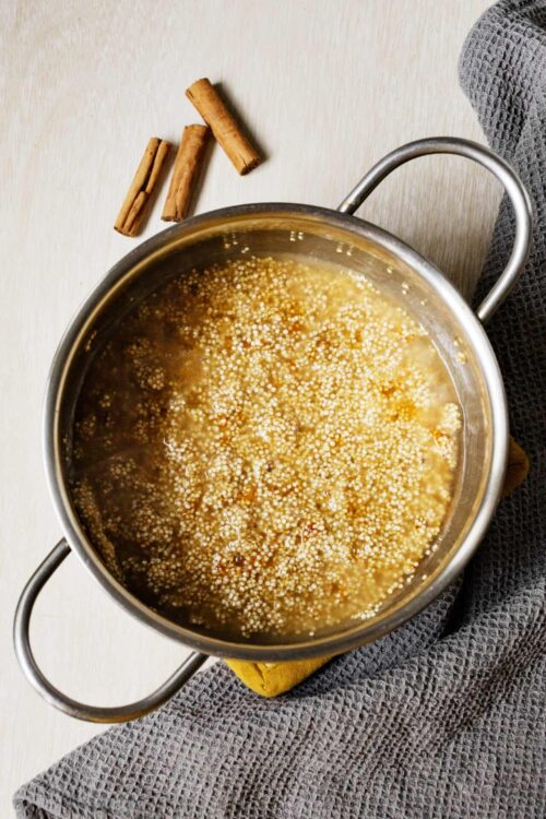 Sweetened tapioca pearls in a pot for baking recipes, close-up shot.